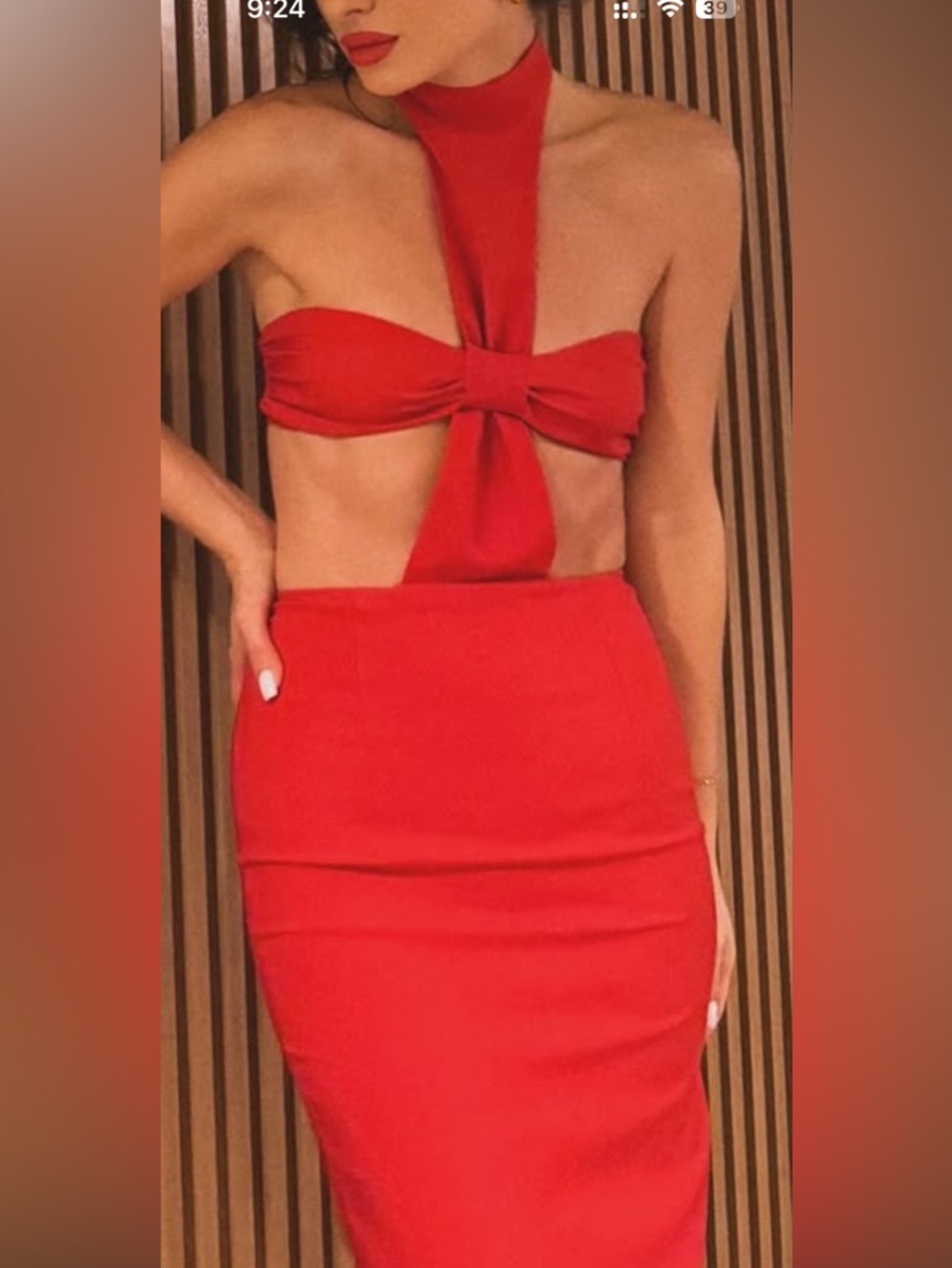 Red Cutout Midi Dress with Neck Tie